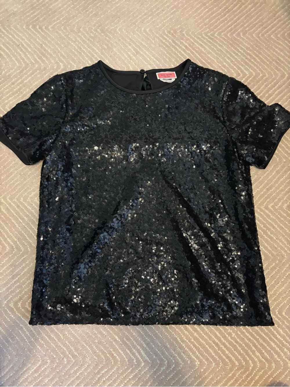 kate spade Black Sequined Short Sleeve Top with Crew Neck